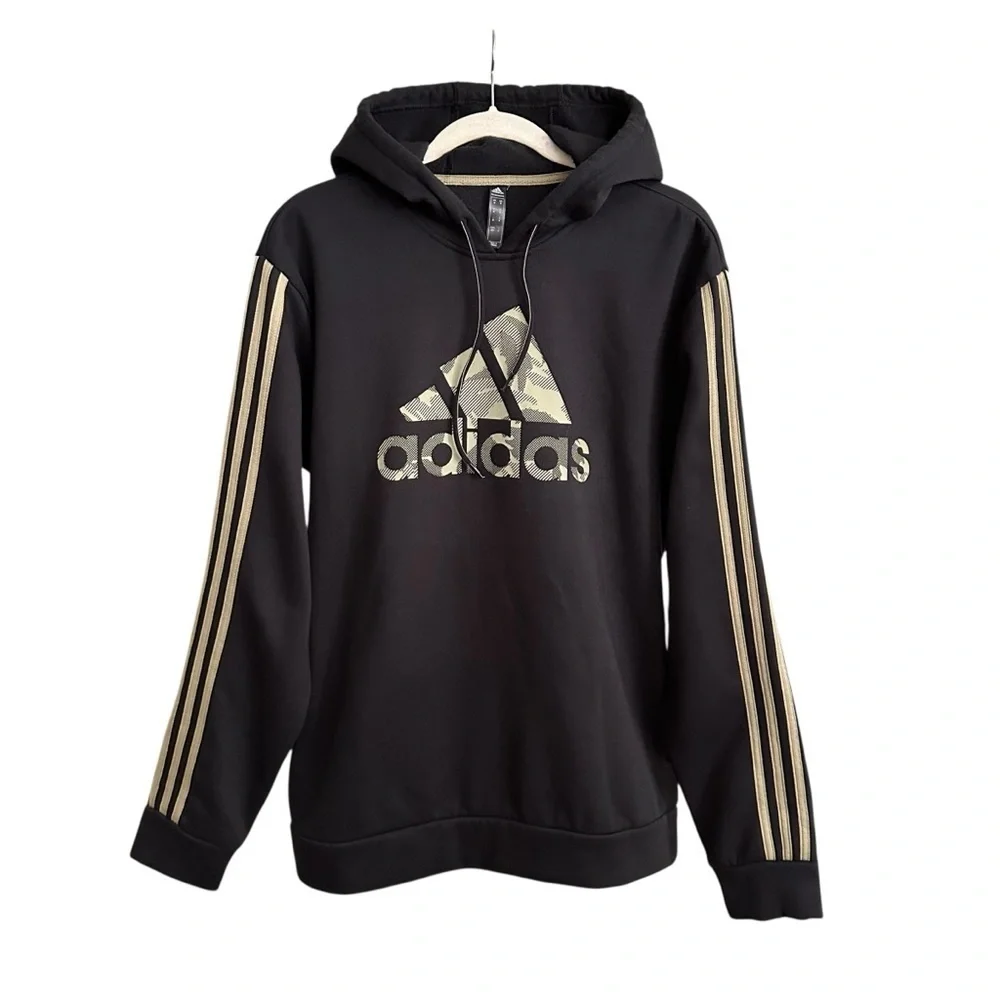 ADIDAS Black Camo Logo Three Stipe Hoodie Sweatshirt Graphic‎ Athletic Wear M